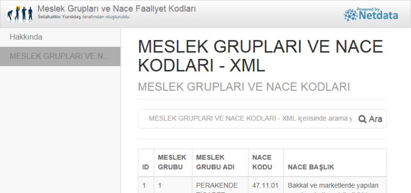 MESLEK GRUPLARI VE NACE KODLARI - XML